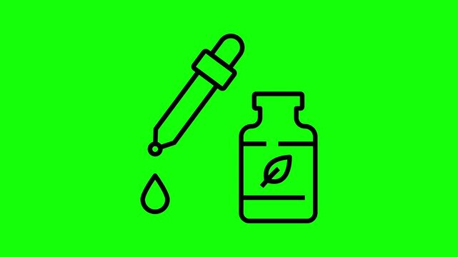 Animated Black Line Art Dropper Pipette and Bottle Icon Dripping Essential Oil Liquid on Green Screen Background