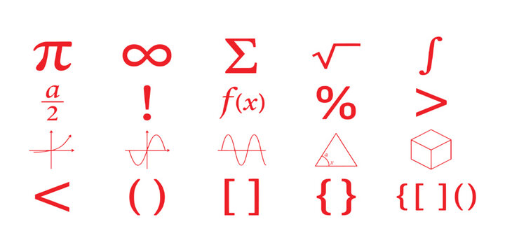Collection of red mathematical symbols and geometry icons set isolated on white background educational vector illustration.