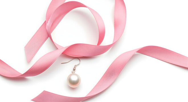 A delicate pink ribbon intertwined with a single, pearl earring on a white background.