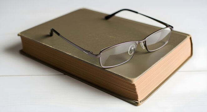 A pair of stylish, modern reading glasses resting on a well-worn, beloved book on a white table.