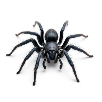 Detailed black spider with subtle orange highlights and hairy legs isolated on a clean white background