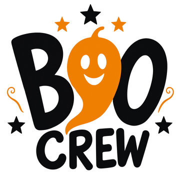 Boo crew halloween typography design with cute orange ghost and stars vector illustration halloween typography illustration celebration seasonal greeting friendly character lettering