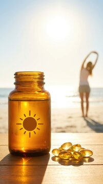 Vitamin D3 supplements, essential nutrient intake for overall health, sunlight exposure benefits, active lifestyle, complete wellbeing, natural vitality, golden softgel capsules, serene beach