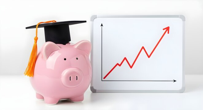 Piggy bank wearing a tiny graduation cap, next to a graph with an upward trending arrow, on white.