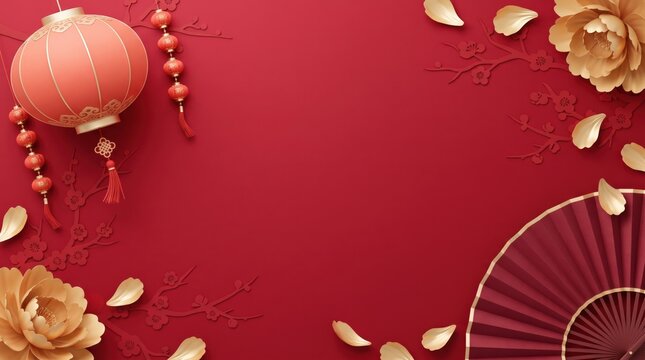 Chinese New Year celebration background with red lanterns and gold flowers