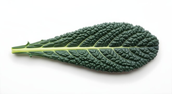 Leaf of Lacinato (dinosaur) kale laid flat on a pure white background.