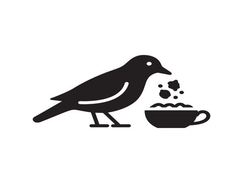 Bird eating from a coffee cup icon. Silhouette illustration of a crow drinking hot beverage.