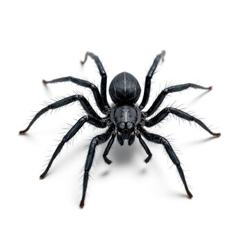 Detailed black spider with bristly hairs and eight legs isolated on a clean white background