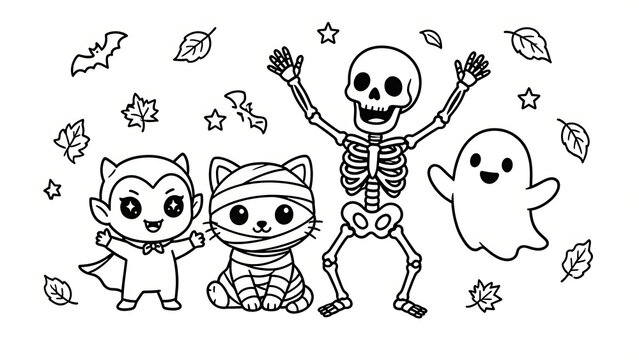 A happy cute vampire, mummy cat, dancing skeleton, and floating ghost celebrate Halloween amidst swirling leaves, created with generative ai.
