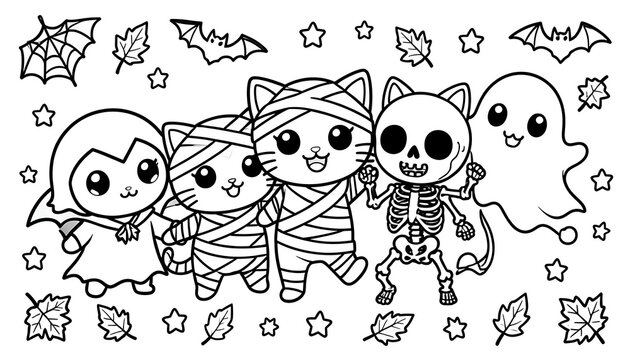 An adorable squad of kawaii monsters holding hands under a starry night sky for a Halloween coloring sheet, created with generative ai.
