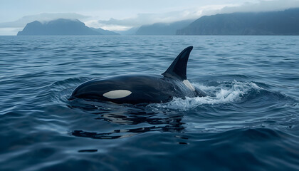 Naklejka premium Majestic killer whale orca swimming in deep blue ocean water near mountains