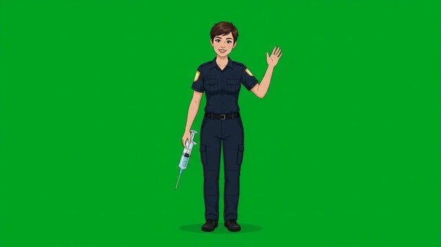 Female Paramedic or Nurse Waving Hello Holding Syringe Medical Professional Illustration on Green Screen Background