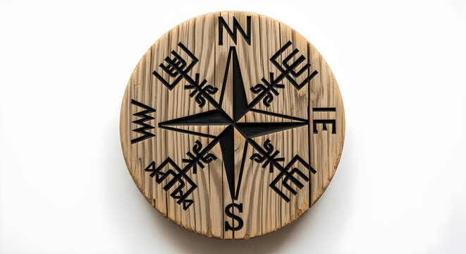 A Viking compass (vegv&Atilde;&shy;sir) symbol engraved on a piece of aged wood, on white.
