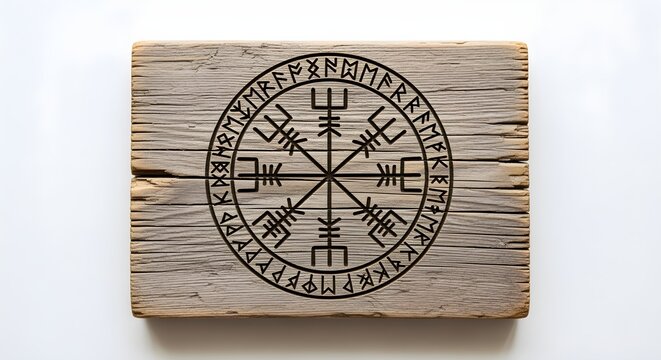 Vegv&Atilde;&shy;sir symbol (A Viking compass) engraved on a piece of aged wood, on white.