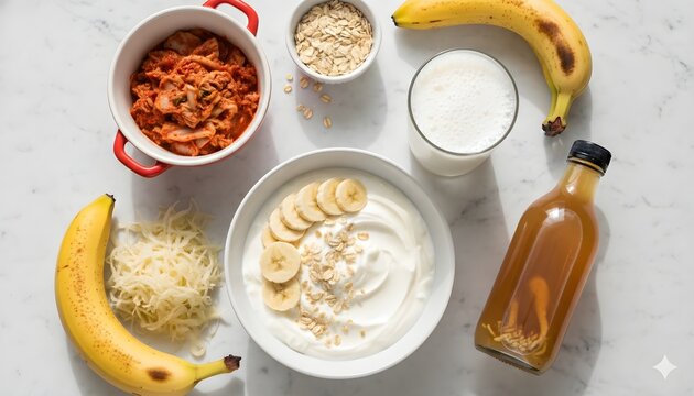 Probiotic foods including yogurt, kefir, kimchi, sauerkraut, kombucha, bananas and oats on a clean marble surface, colorful fresh ingredients, natural daylight, nutrition conce