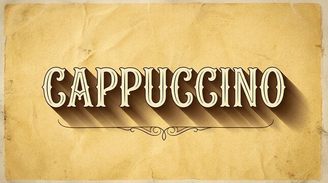 Vintage Typography Design Featuring Cappuccino Text with Long Shadow Effect on Textured Yellow Paper Background cappuccino text lettering typography shadow long shadow yellow paper texture vintage