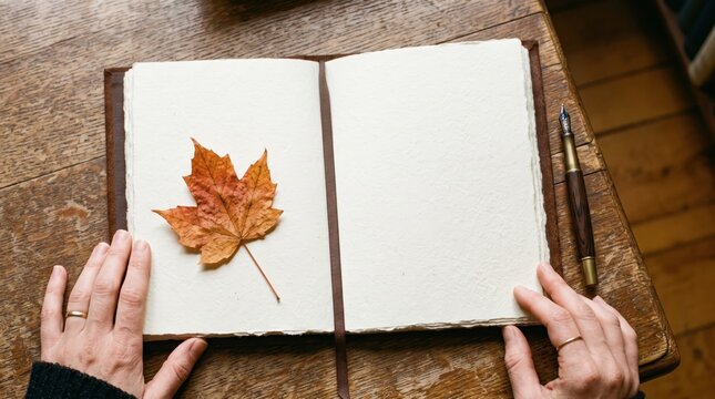 Hands holding an open journal with a pressed maple leaf during World Mental Health Day symbolizing reflection and nature's calm