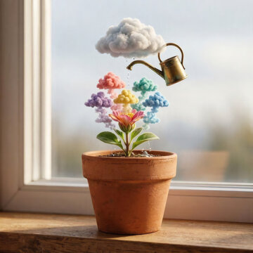 Surreal concept of a flower pot on a windowsill with a small cloud watering a flower and colorful pastel clouds blooming