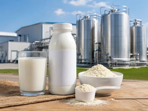 Glass of Milk with Powdered Milk and Dairy Silos in Background. Modern dairy production with bottled milk, protein powder, whey ingredients, stainless tanks, and high-protein nutrition processing.