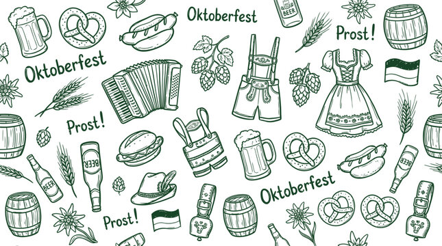 Bavarian traditional festival elements pattern hand drawn doodle style celebration symbols festive background illustration graphic with illustrations representing traditional