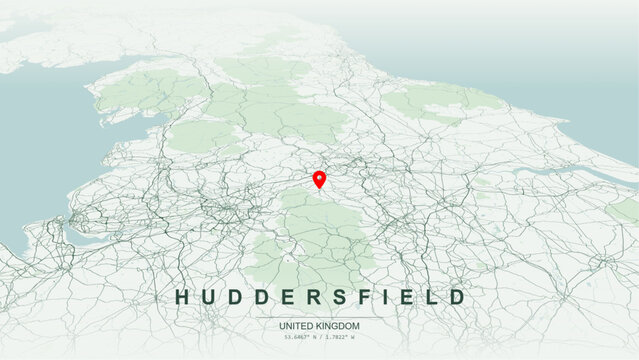 Modern minimalist vector map of Huddersfield, West Yorkshire, England. High-quality scalable illustration of Huddersfield geographic boundaries along River Colne, River Holme for posters design.