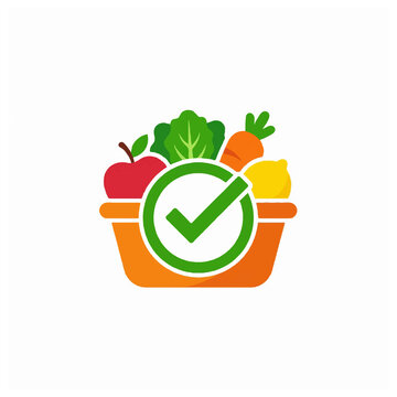 Healthy food basket icon with green check mark for quality nutrition and wellness.