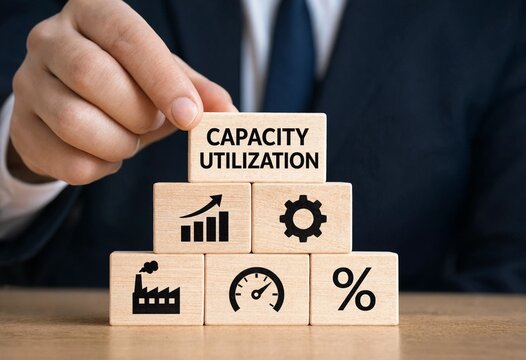 Business professional demonstrating capacity utilization with stacked blocks and icons