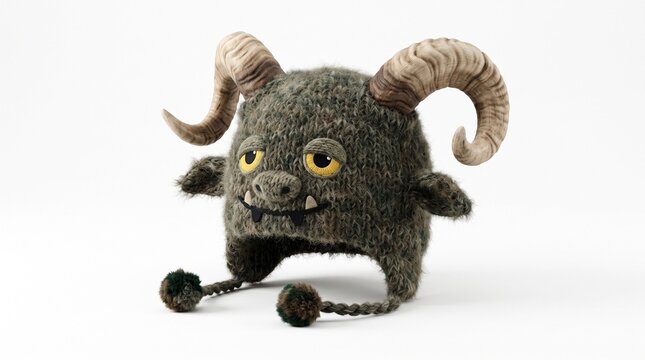Whimsical knitted monster hat with horns and pom poms on a white background