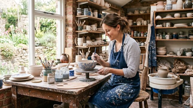 Woman artist painting a ceramic bowl with blue leaf pattern in a sunlit pottery studio