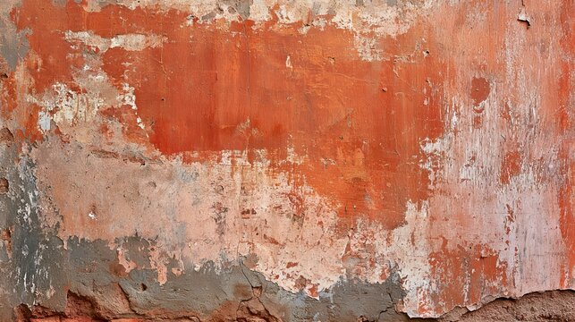Aged Concrete Wall with Scraped Dusty Paint in Orange and Pink Tones on Weathered Surface