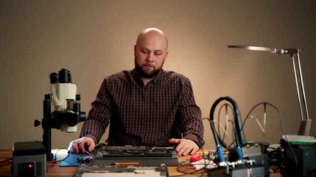 Technician repairing laptop at electronics workbench