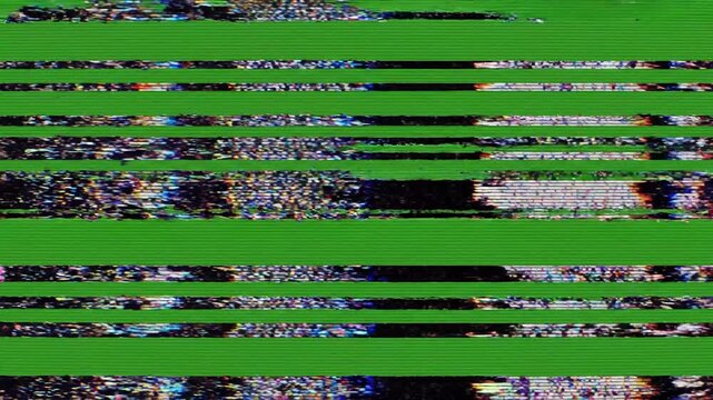 Digital Screen Tearing Effect with RGB Offset and Scanline Distortion on Chroma Key Green Screen Background