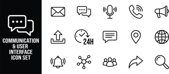 Fototapeta premium A comprehensive set of outline icons representing various essential elements of digital communication and user interfaces