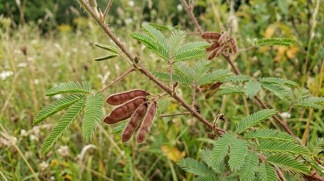 Botanical Detail Of Wild Sensitive Plant Featuring Seed Capsules Prickly Stems and Fern Like Foliage In Meadow sensitive plant seed pods stems prickly leaves fern wild meadow botanical nature detail