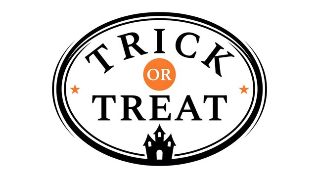 Vintage style oval badge with trick or treat text and a spooky castle silhouette for halloween design
