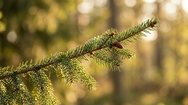 Single Sunlit Spruce Branch Close Up In Golden Afternoon Light With Soft Creamy Bokeh Background spruce spruce branch needles pine needles golden light afternoon sun selective focus close up nature
