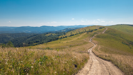Fototapeta premium Winding dirt hiking path leading up a grassy green mountain hill against a clear blue sky on a sunny day.