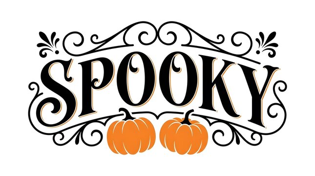 Decorative spooky halloween text design featuring two orange pumpkins and elegant vintage flourish swirls on white background