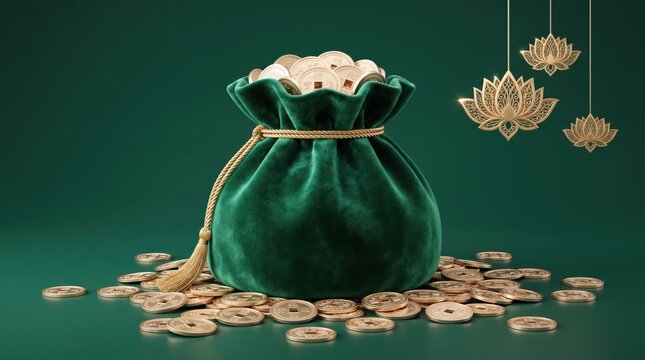 Green velvet bag overflowing with gold coins and decorative lotus flowers