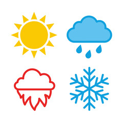 Fototapeta premium Weather icons set with sun rain cloud melting cloud and snowflake
