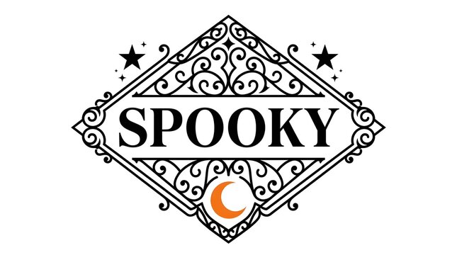 Vintage style spooky label with ornate frame and decorative star accents