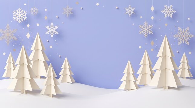winter wonderland scene with white paper trees and snowflakes on blue background