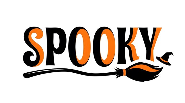 Colorful spooky halloween typography with a witchs broom illustration