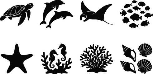 Fototapeta premium Marine Life Silhouette Vector Set with Sea Animals Coral and Seashell Collection