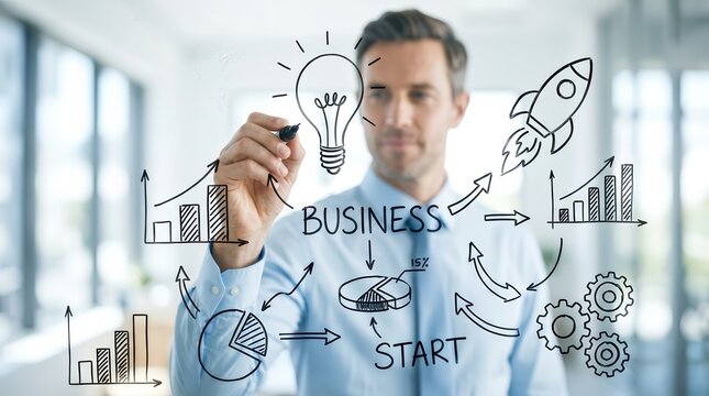 Businessman drawing a business flowchart on a glass screen for startup planning.