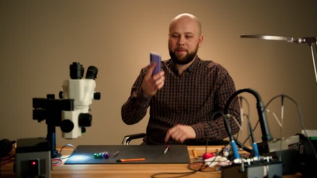 Repair technician repairing smartphone at workbench