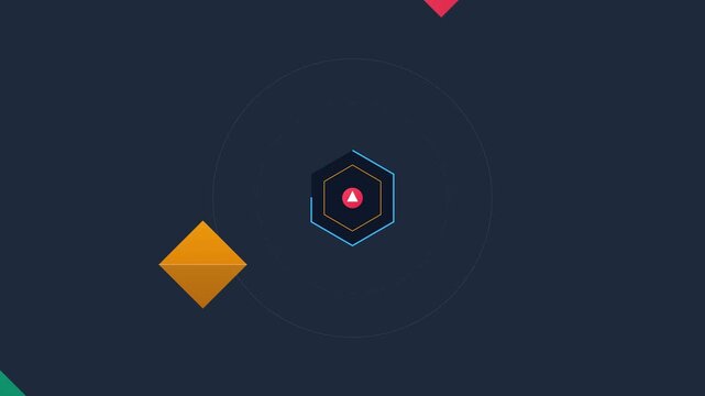 Abstract minimalist background with geometric shapes and a central hexagon icon.