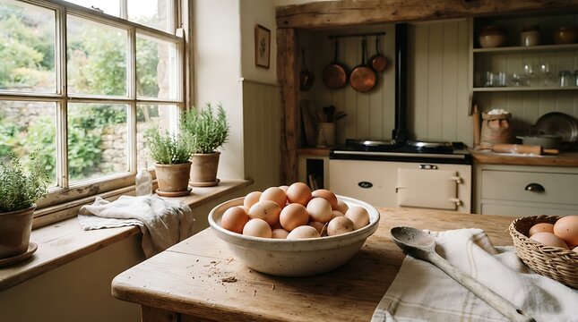 Fresh eggs on rustic farmhouse kitchen table for breakfast or cooking