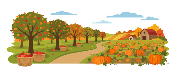 Fototapeta premium Autumn Farm Landscape with Apple Orchard and Pumpkin Patch