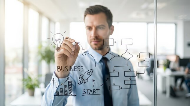 Businessman drawing a business flowchart on a glass screen for startup planning.